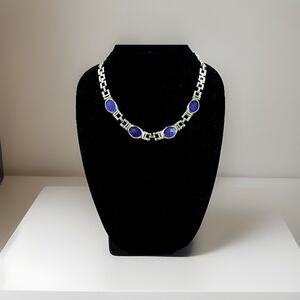 Vintage 80s Statement Necklace Gold Tone Faux Lapis Purple Cabochan Chunky Chain